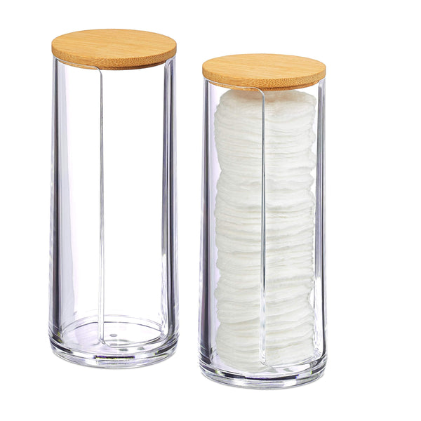Relaxdays Cotton Pad Storage Tower Set of 2, Acrylic, Round, Lidded Bathroom Dispenser, 20x7 cm, Clear/Natural