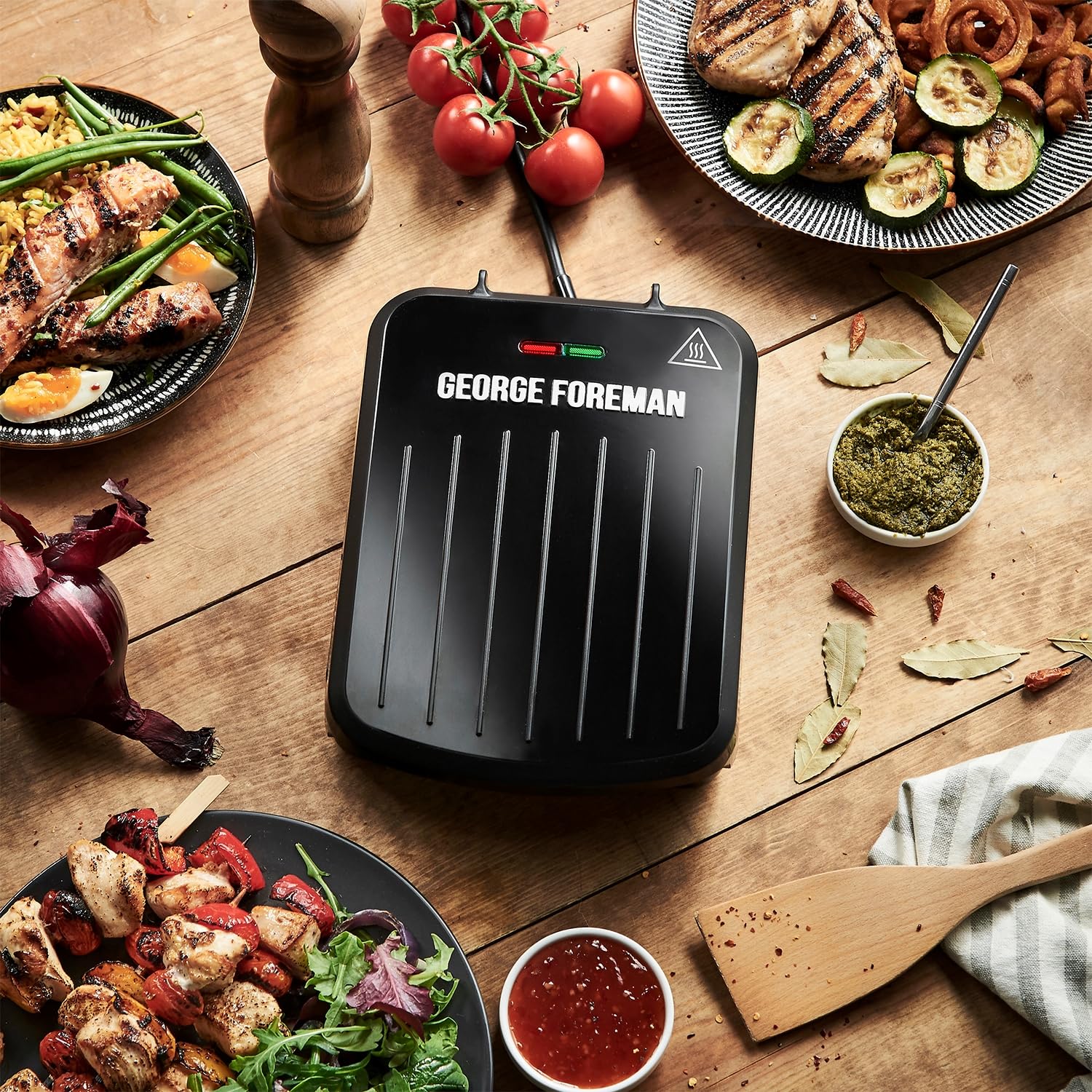 George Foreman Large Electric Fit Grill [Non stick, Healthy, Griddle, Toastie, Hot plate, Panini, BBQ, Energy saving, Vertical storage, Easy clean, Drip tray, Ready to cook light] Black, 2400W 25820