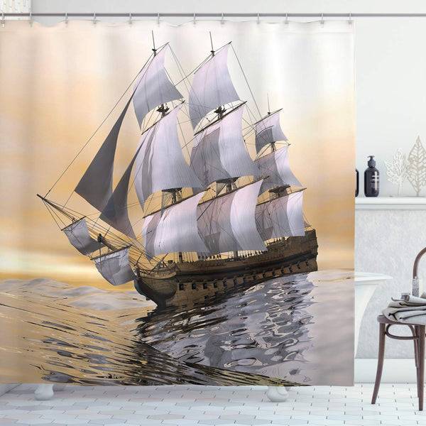 ABAKUHAUS Maritime Shower Curtain, Ship Sailing on the Ocean with Full Sail Digital Computer Graphic Composition, Cloth Fabric Bathroom Decor Set with