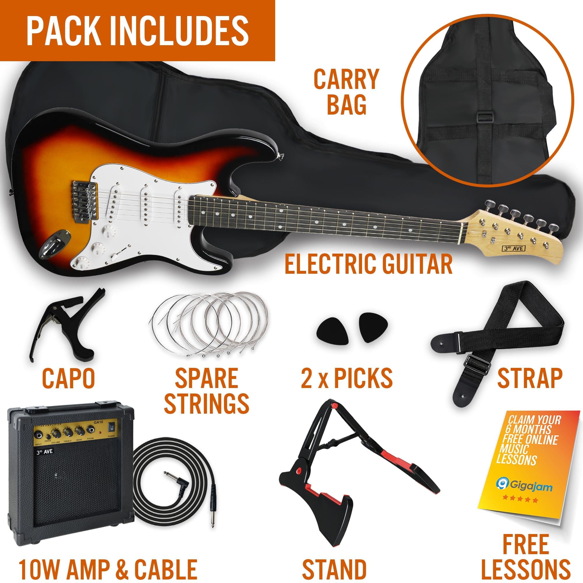 3rd Avenue XF Full Size 4/4 Electric Guitar Ultimate Kit with 10W Amp, Cable, Stand, Gig Bag, Strap, Spare Strings, Picks, Capo – Black