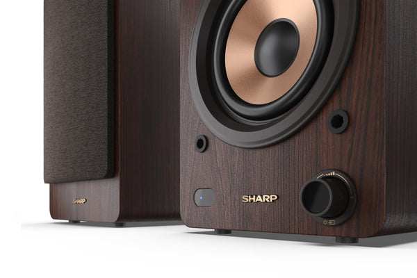 Sharp CP-SS30(BR) 60W RMS (2x 30W) 2-way Active Bookshelf Speakers - Wireless Studio Monitors with Bluetooth v5.0 Audio Streaming, USB Playback, Optical, AUX & RCA input - Brown
