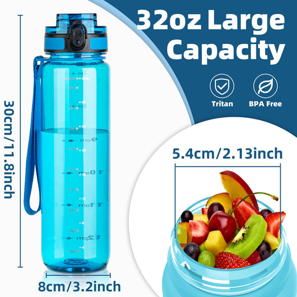 OLDLEY 1L/32oz Sports Water Bottle, 1000ml Motivational Drinks Bottle with Time Markings Leak Proof Drink & Lock Cover & No Straw, BPA Free for Adults Women Men Gym School Cycling Running Hiking