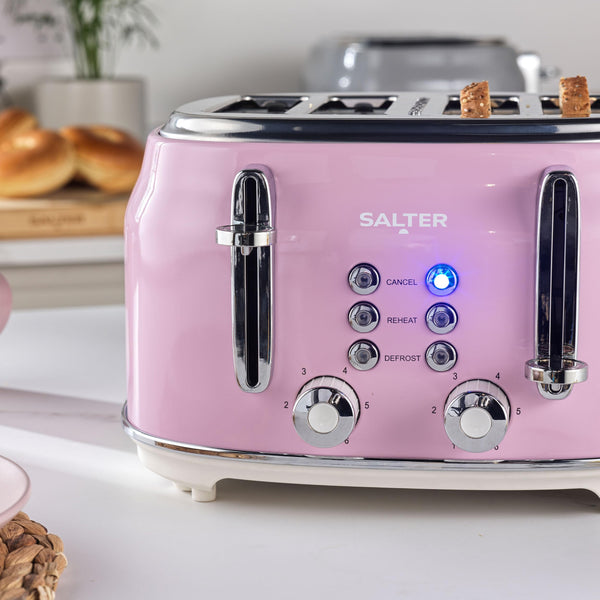 Salter Retro Pink 4-Slice Toaster  Wide Slots, 6 Browning Levels, Defrost, Reheat, Cancel Functions, Removable Crumb Tray, Extra Thick Bread,
