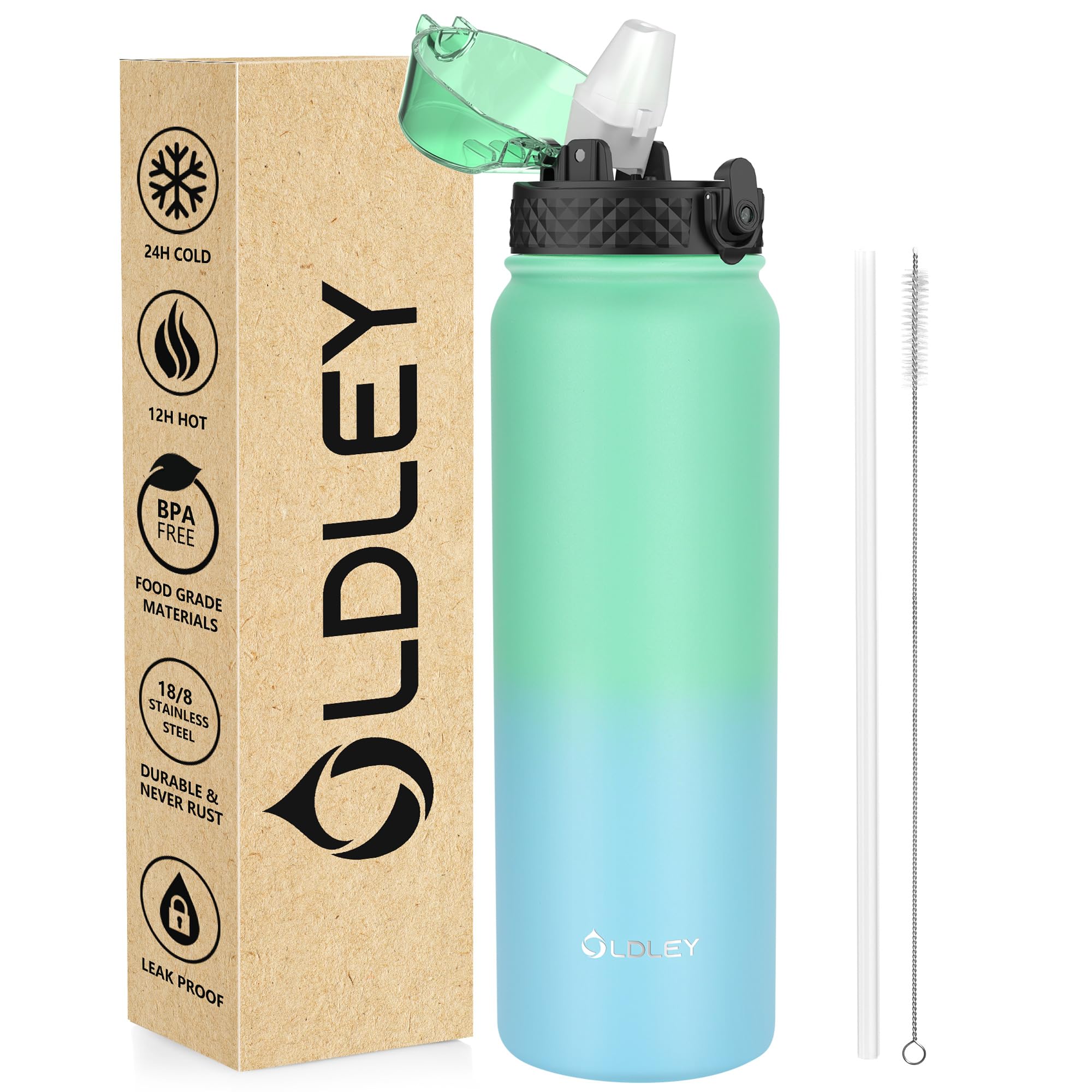 OLDLEY Stainless Steel Water Bottle with Straw 1L Vaccum Insulated Large Drink Flask Metal Water Bottles 1 Litre Leakproof Keep Drinks Hot Cold for Sports Gym with Different Lids(Purple Green, 3 Lids)
