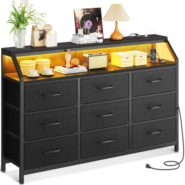 ODK Black Chest of Drawers Bedroom with 9 Fabric Drawers, Storage Dresser with 2 Sockets 2 USB Ports and LED Light Strip, Suitable for Bedroom, Living