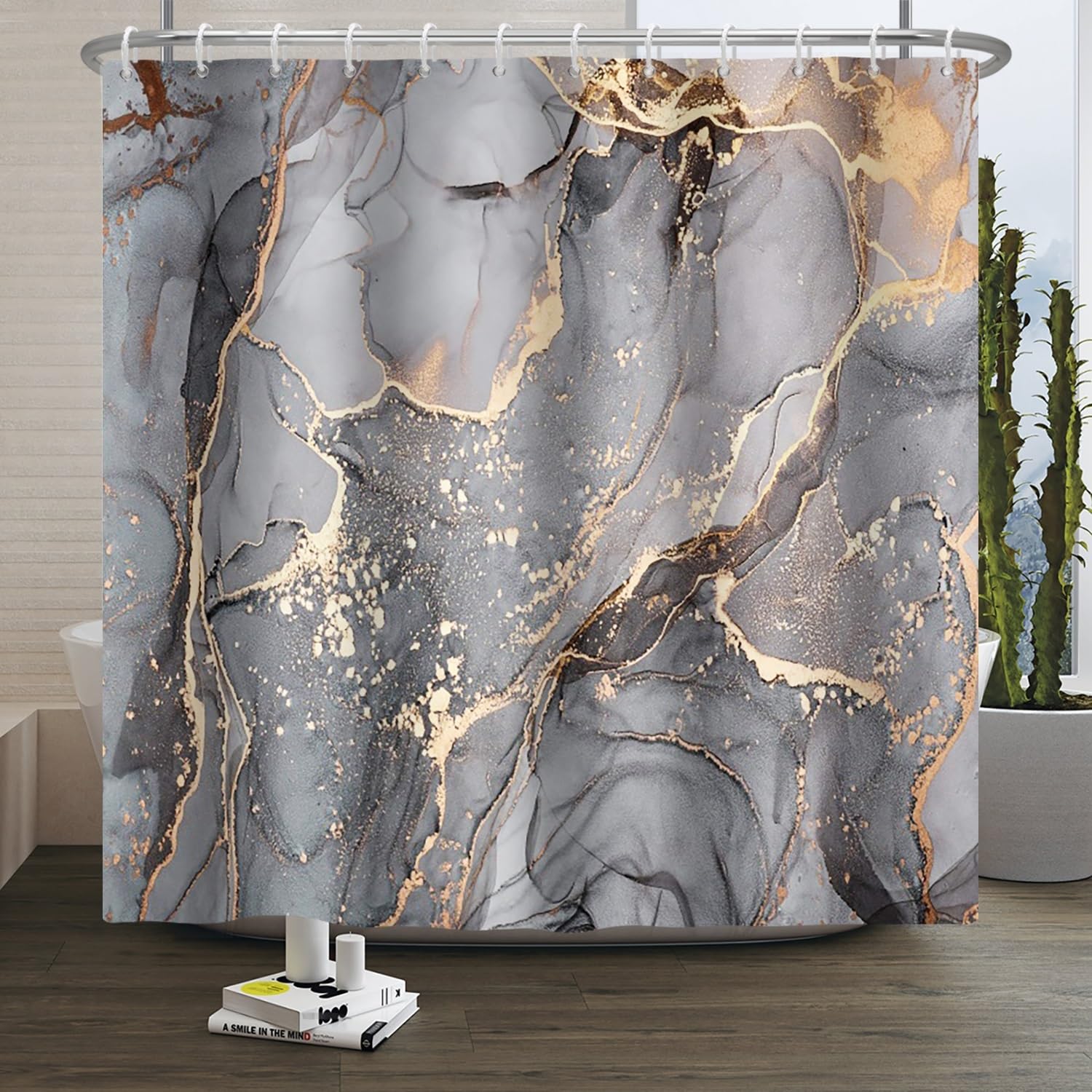 Xiaoterna Marble Shower Curtain Modern Abstract Grey Gold Marble Bathroom Curtain Grey Gold Splatter Textile Waterproof Shower Curtain Machine