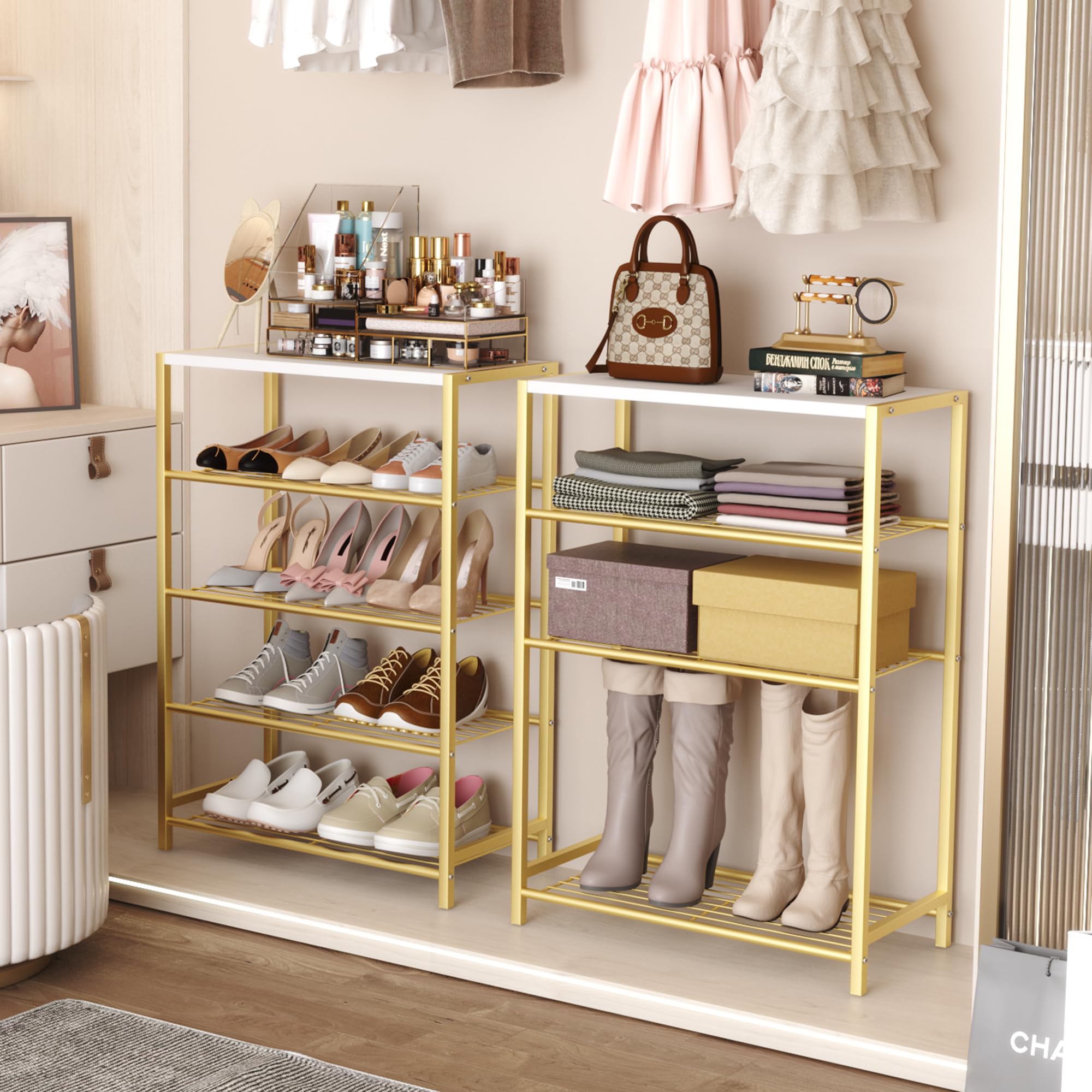 HOME BI 5-Tier Shoe Rack, Metal Shoe Storage Organizer, Modern Shoe Stand, Durable Shoe Shelf for Closet, Hallway, Entryway, Living Room,Gold