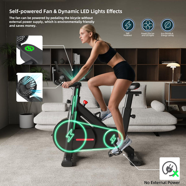 Bluearth Self-Powered-Fan Exercise Bike with Dynamic LED Light Effects, Pro Livestreaming Classes, Smart Exclusive App, 300 LBS Magnetic Resistance Indoor Stationary Cycling Workout Bike for Home