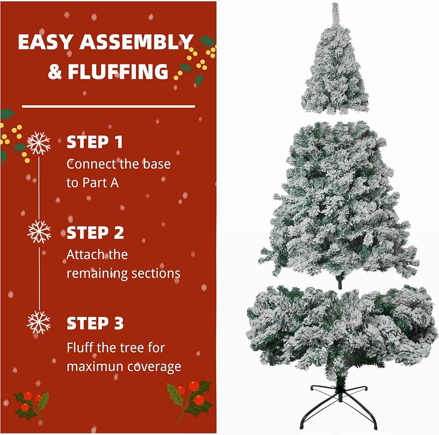 Artificial Christmas Tree 6FT Snow Flocked 850 Tips Metal Stand Asinse