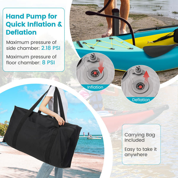 GYMAX Inflatable Kayak Set, 2-Person Inflatable Boat with Aluminum Oars, EVA Padded Seat, Fins, Hand Pump, Repair Kit and Carry Bag, Blow Up Canoe for Lakes, Rivers & Sea Shores