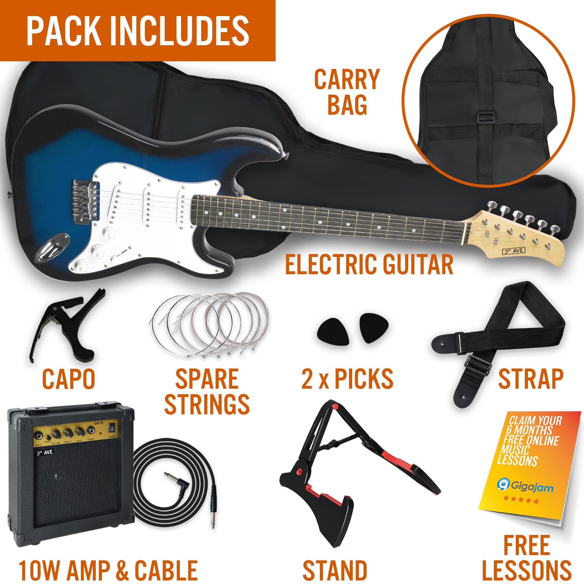 3rd Avenue XF Full Size 4/4 Electric Guitar Ultimate Kit with 10W Amp, Cable, Stand, Gig Bag, Strap, Spare Strings, Picks, Capo – Black