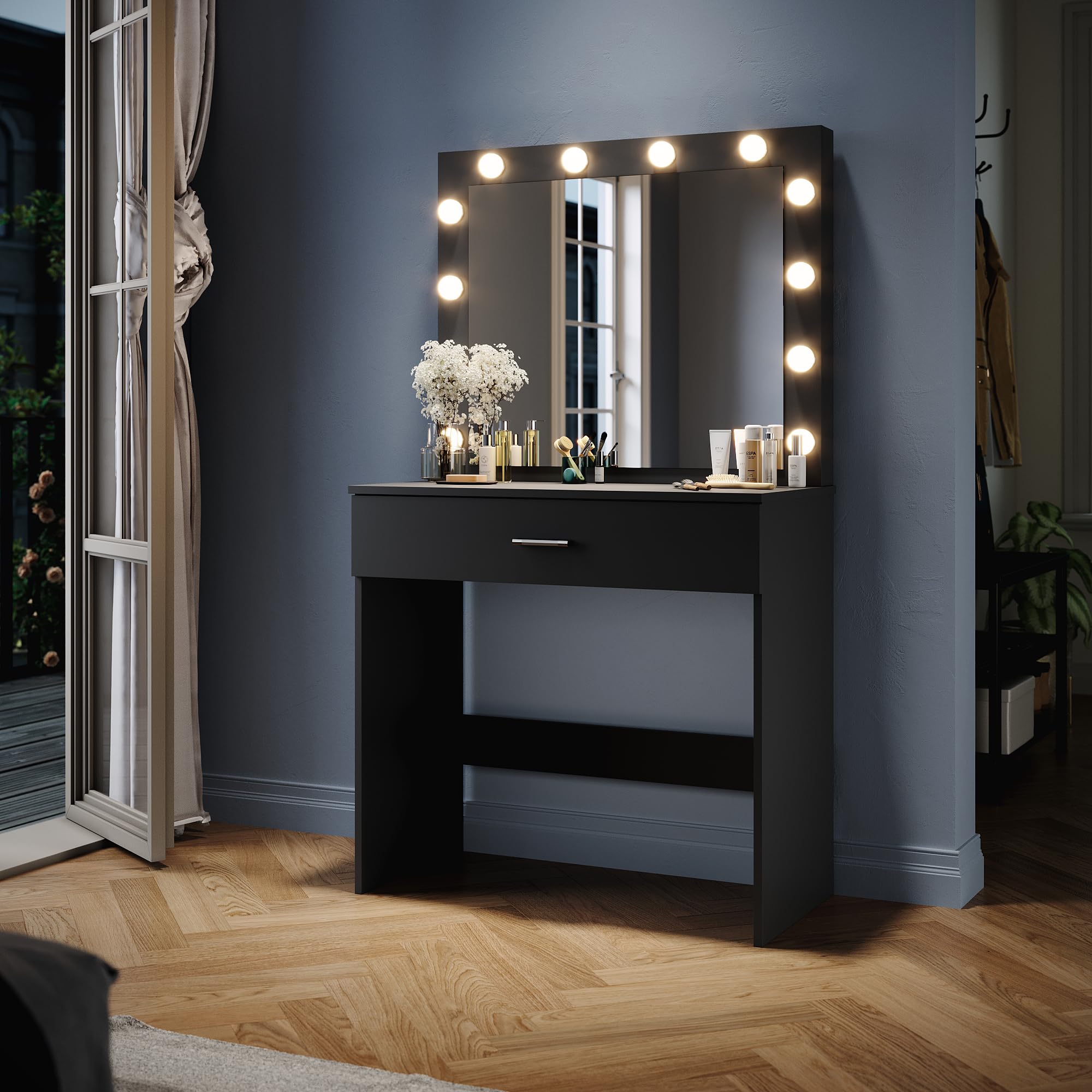 ZANOFIRA Dressing Table with Hollywood LED Lights Mirror, Black Makeup Desk with Dimming & 3 Color Modes, 1 Large Drawers Vanity Makeup Table for