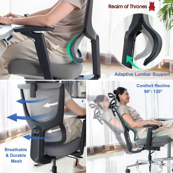 Realm of Thrones CAPTAIN Ergonomic Office Chair for Home, Heavy Duty Steel Base, Versatile Flip-up Armrests, Adjustable Lumbar Support, Mesh Back Comfort Cushion Seat for Computer Desk/Gaming (Black)