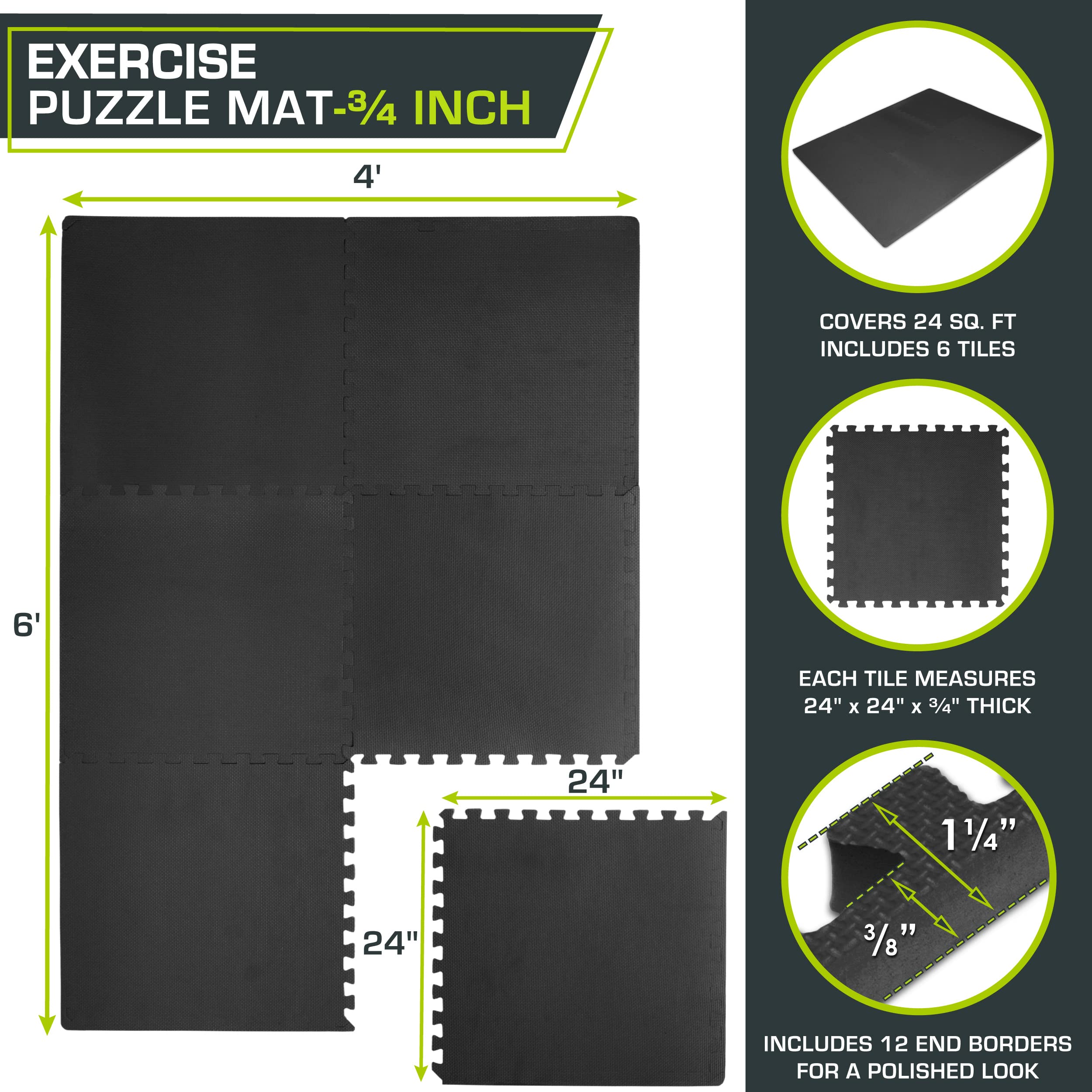 ProsourceFit Extra Thick Puzzle Exercise Mat, EVA Foam Interlocking Tiles for Protective, Cushioned Workout Flooring for Home and Gym Equipment, Black