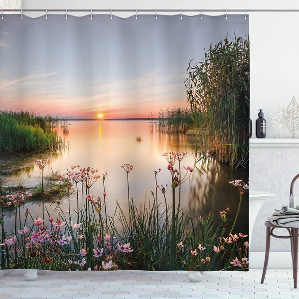 JIANGLANY Landscape Photo Garden Curtain 3D Shower Curtain Nature Scenery Sunset at Lake View Spring Flowers Green Grass Scenery Bathroom Decoration