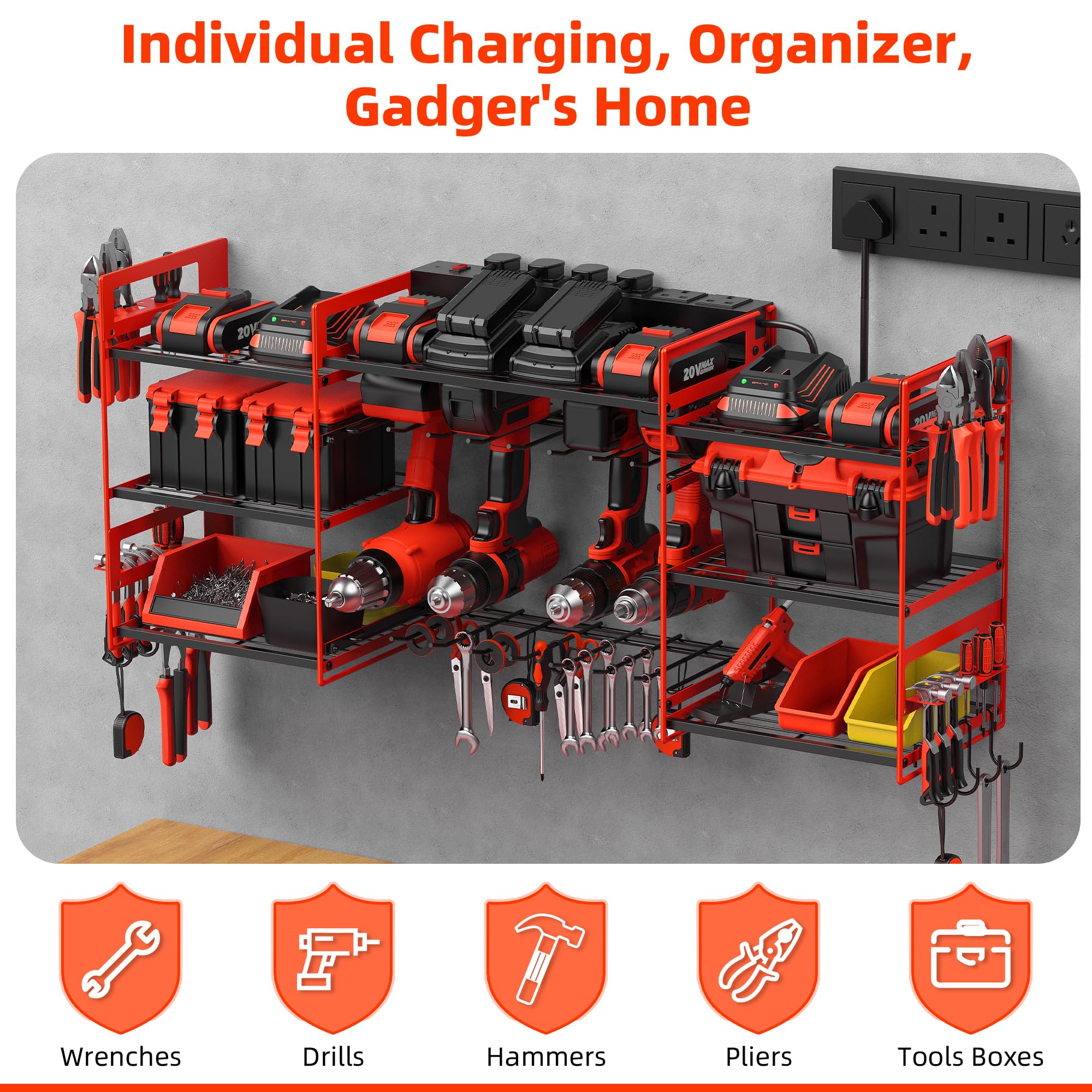 Power Tool Organizer with 6 Way Extension Lead,Large Tools Charging Station,8 Power Drill Tools Heavy Duty Drill Holder Wall Mounted Rack Utility Metal Tool Shelf Storage Organiser for Garage