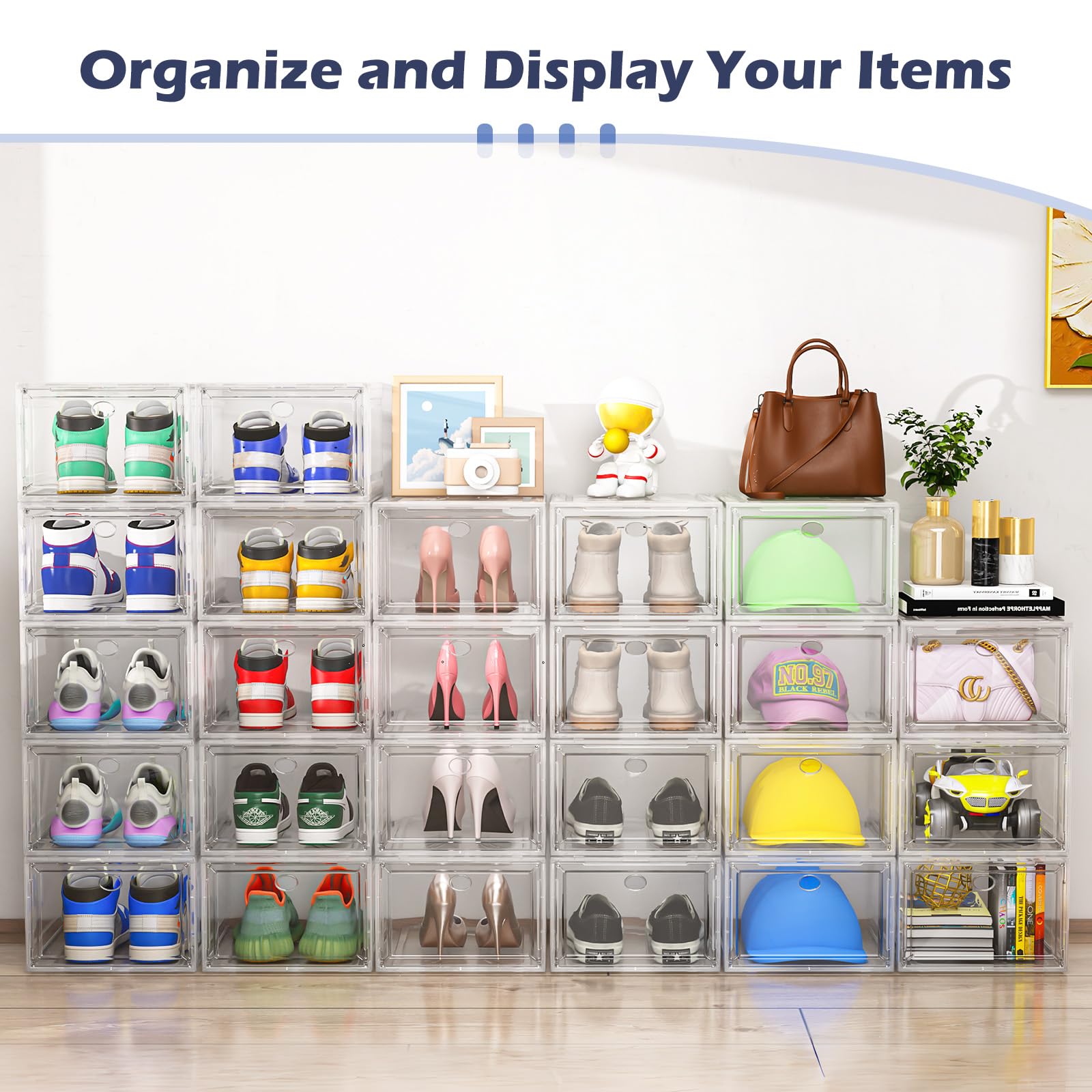 TidyTrove Shoe Storage Box, 9 Pcs Shoe Box Clear Plastic Stackable, Sturdy Foldable Shoe Organizer Containers with Magnetic Door for Women/Men, White