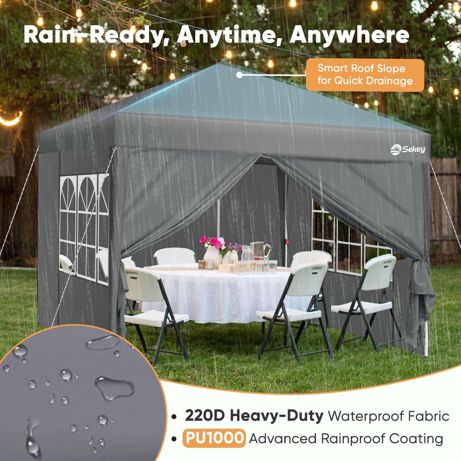 Sekey One-Touch Pop Up Gazebo with Sides 3m x 3m, Heavy Duty Gazebo with 4 Pack Gazebo Weights Bags, Instant Setup, Waterproof 1000mm (Grau, 3m x 3m without Sides)