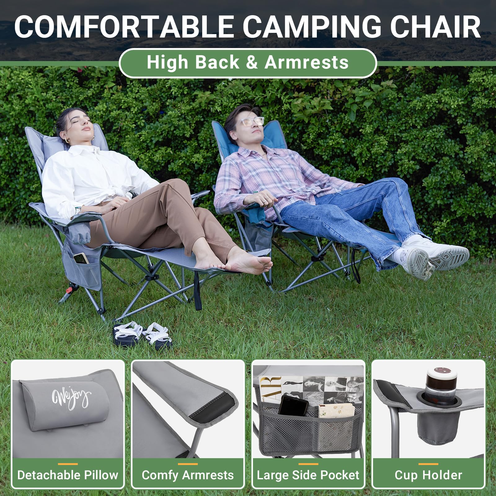 #WEJOY Camping Chairs Folding Recliner Chair Adjustable with Detachable Footrest Headrest Cup Holder Lightweight Portable Reclining Camp Chair Fold Up Chair for Outdoor Beach Garden, Cyan Set of 2