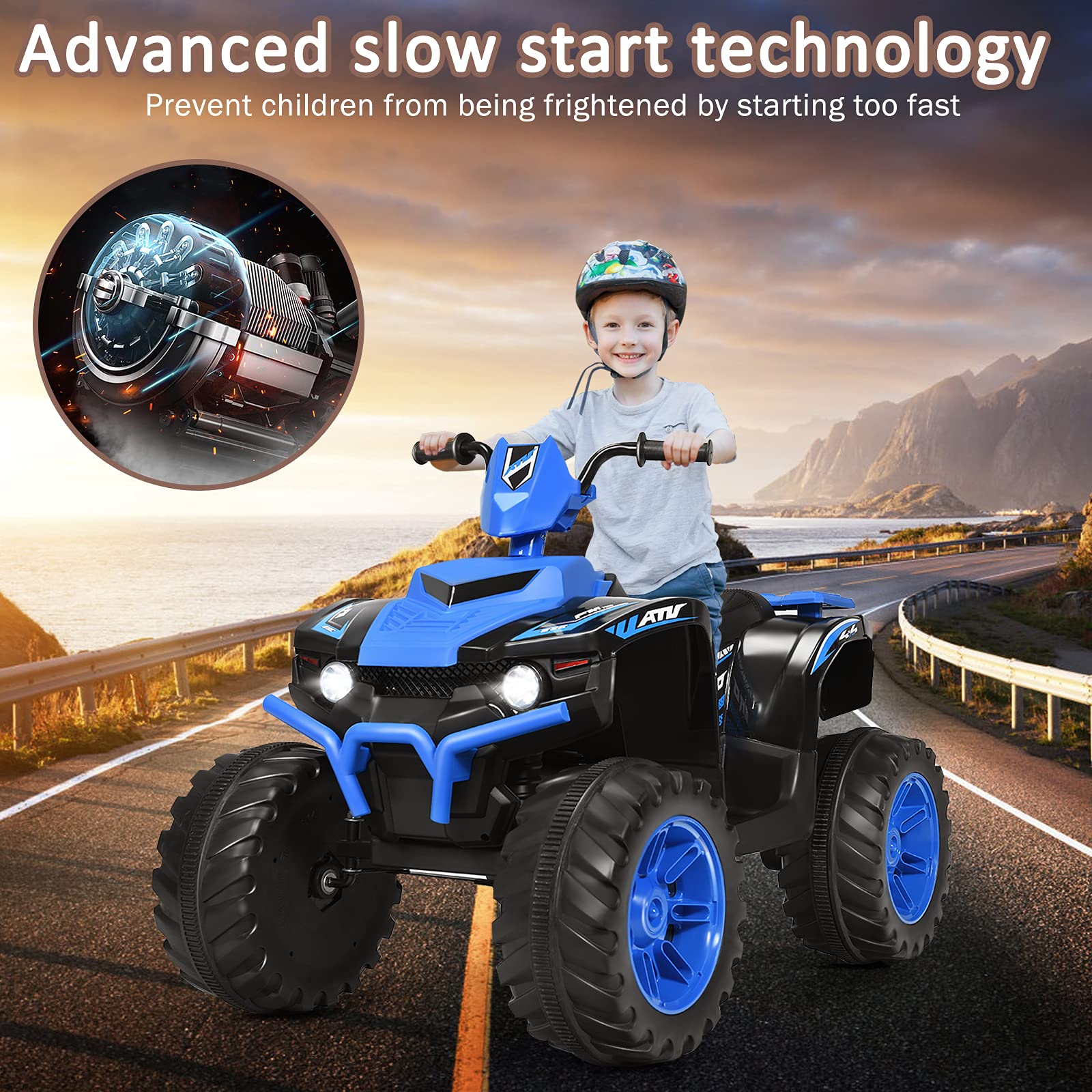 GYMAX Kids Electric Quad Bike, Children Ride On ATV with Bluetooth, Lights, Music, Horn, High/Low Speeds and Slow Start, 12 V Battery Powered Toy Car for 3-7 Years Boys Girls (Blue)