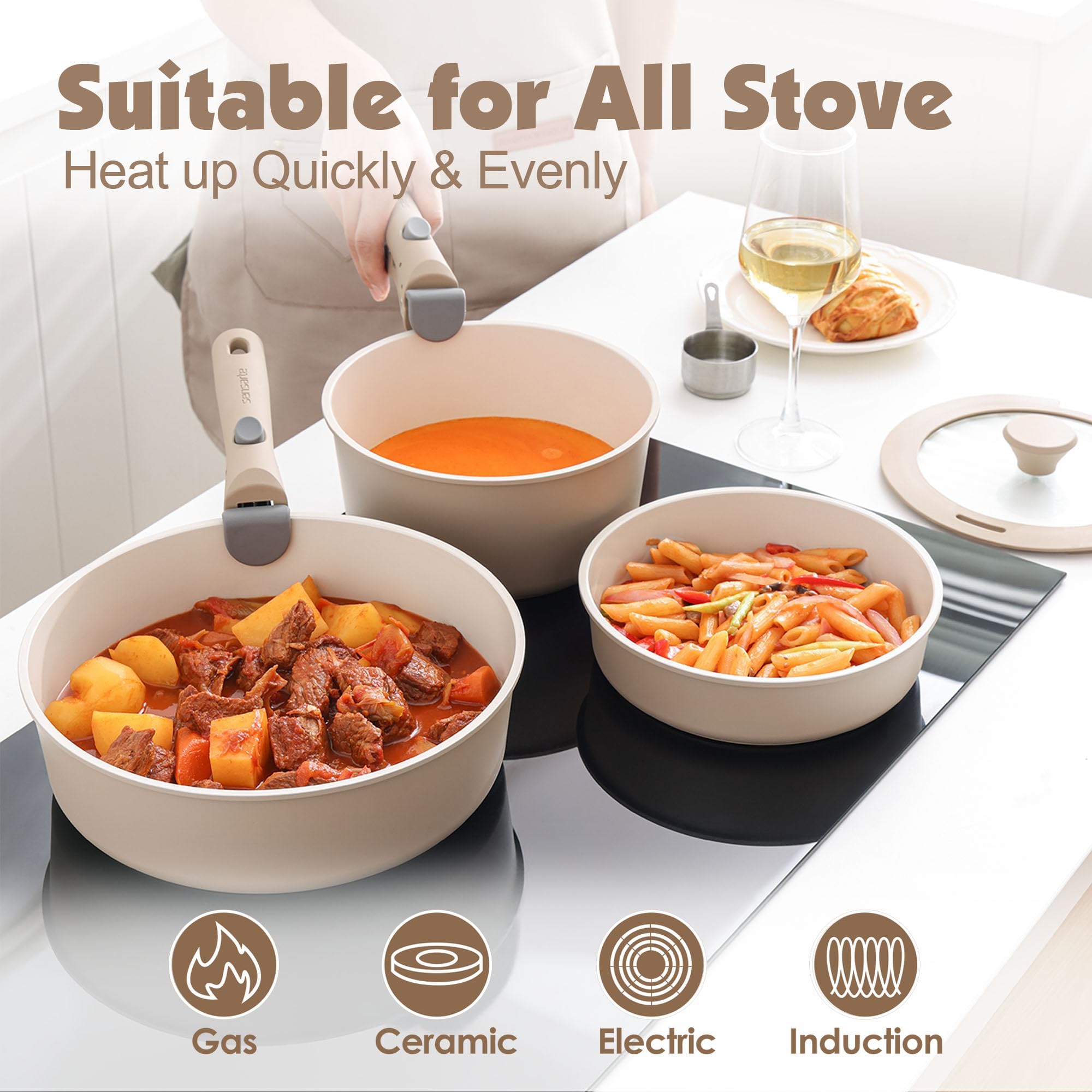 SENSARTE 17 Piece Pots and Pans Set, Nonstick Detachable Handle Cookware, Induction Kitchen Cookware Set with Removable Handle, Healthy Non Stick RV Cookware, Oven Safe (Black)