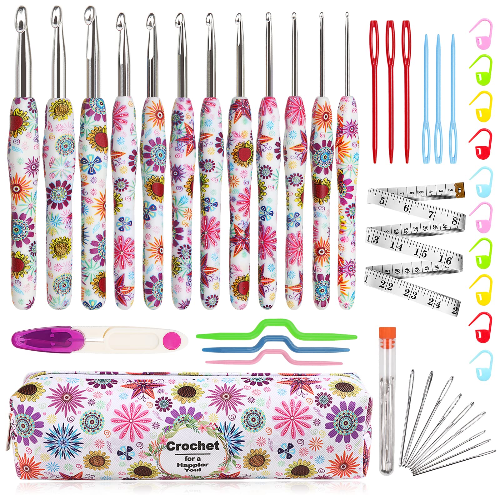 Aeelike Crochet Hooks Set, Ergonomic Crochet Hooks Soft Grip with Case, 2.25mm-8mm Pretty Floral Handle Crochet Hook Set for Beginners Adults and