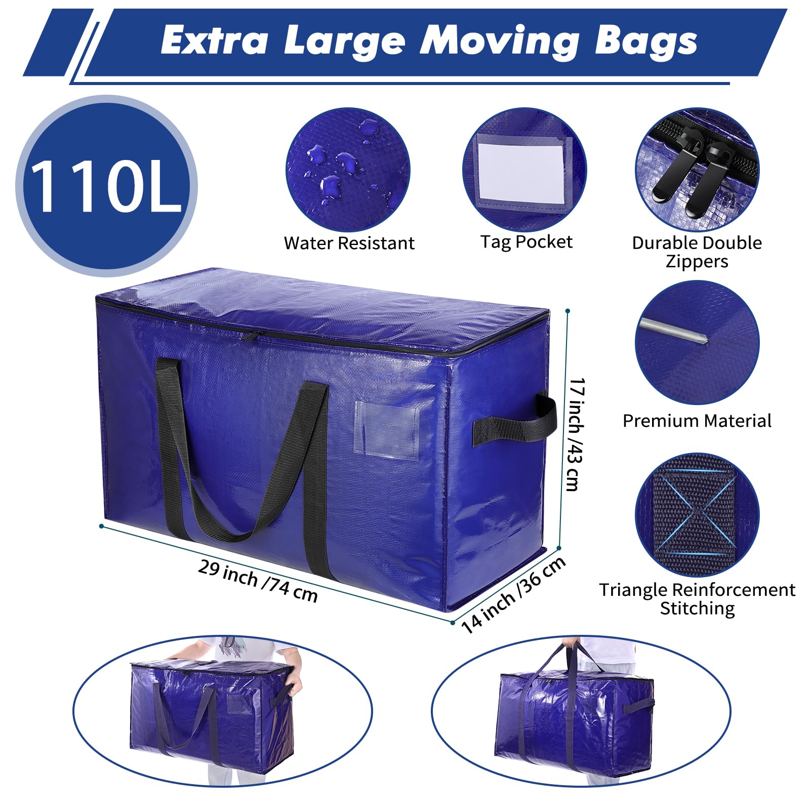 Uhogo 110L 6 Pack Heavy Duty Extra Large Storage Bags - Thicker Waterproof Storage Bags with Zips for Moving, Travelling, Camping, University, Garden