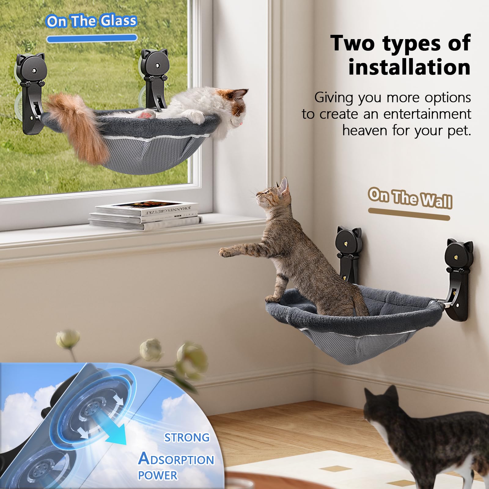 JUNSPOW Cat Window Perch Cordless, Foldable & Stable Kitten Beds- Breathable Cat Window Hammock for Overlooking, Sunbathing and Climbing - Maximum
