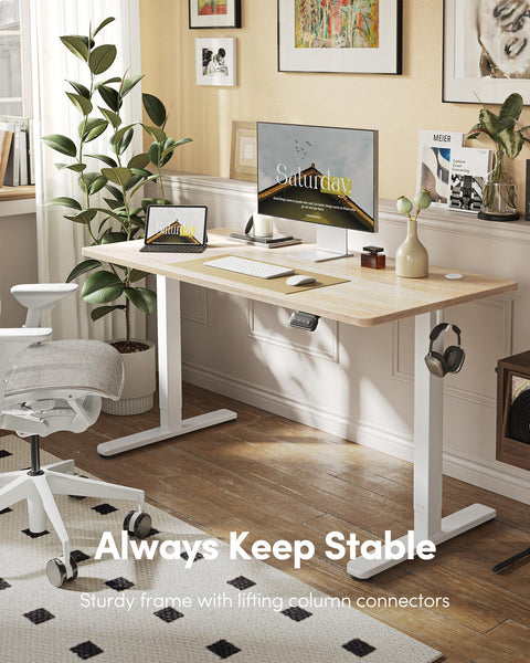 FEZIBO Height Adjustable Electric Standing Desk, 120 * 60 cm Stand up Table, Sit Stand Home Office Desk with Splice Board, White Frame/Maple Top