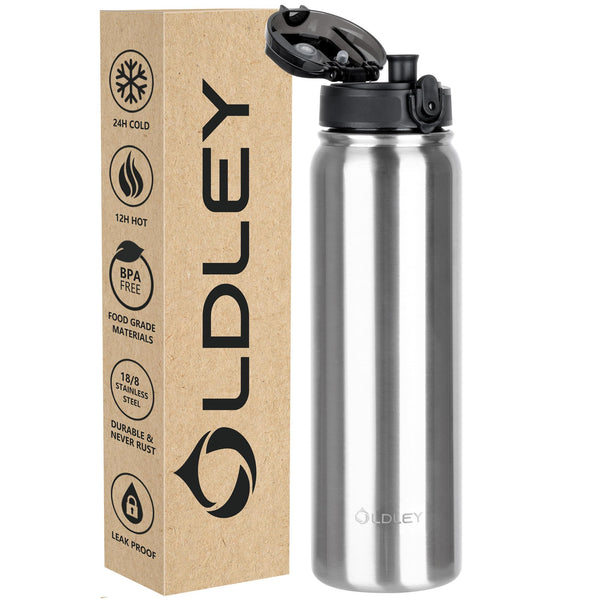 OLDLEY Stainless Steel Water Bottle with Straw 1L Vaccum Insulated Large Drink Flask Metal Water Bottles 1 Litre Leakproof Keep Drinks Hot Cold for Sports Gym with Different Lids(Purple Green, 3 Lids)