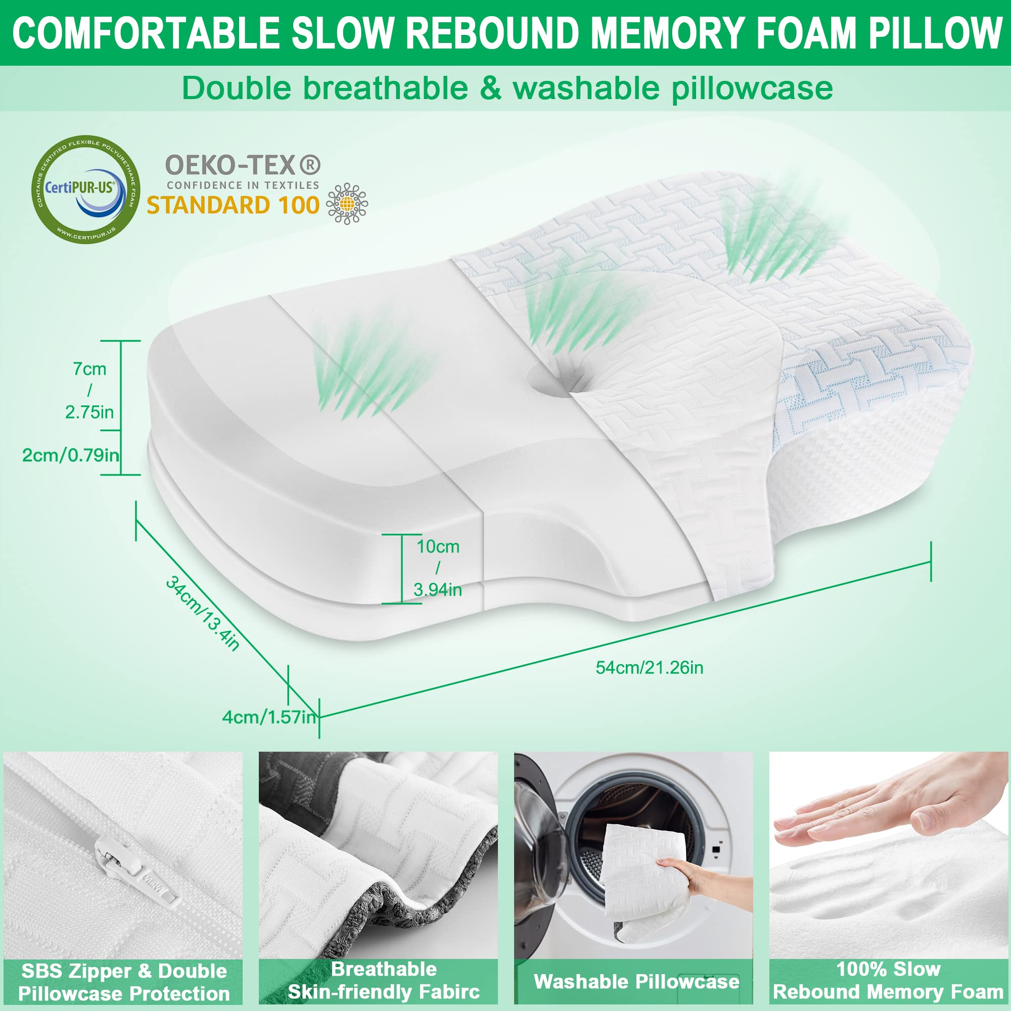 Elviros Cervical Memory Foam Neck Pillow for Side Sleeping, Orthopedic Pillows for Back and Stomach Sleepers, Adjustable Ergonomic Bed Pillow Pain Relief (White)