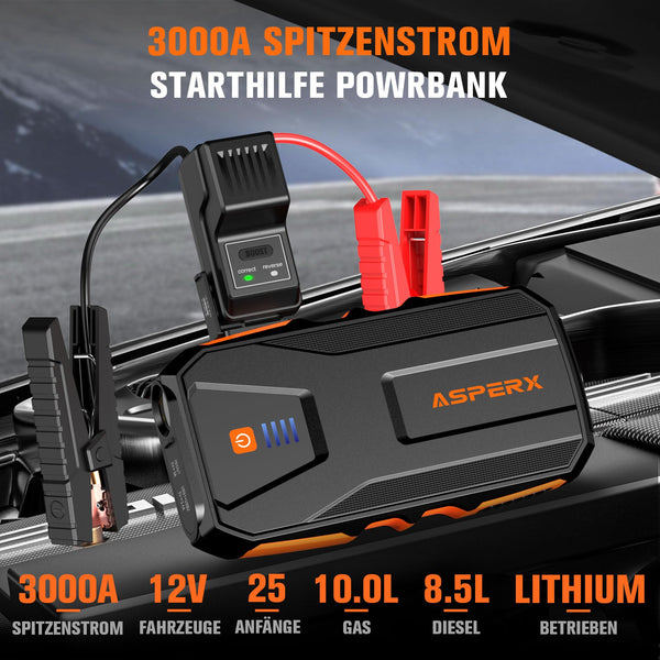 ASPERX Jump Starter Power Pack(Up to 10L Gas/8L Diesel), 3000A Car Battery Booster Jump Starter with LED Flashlight, Jump Leads and LCD Display, Jump Pack for 12V Vehicles, Pickup, SUV, Motorcycle