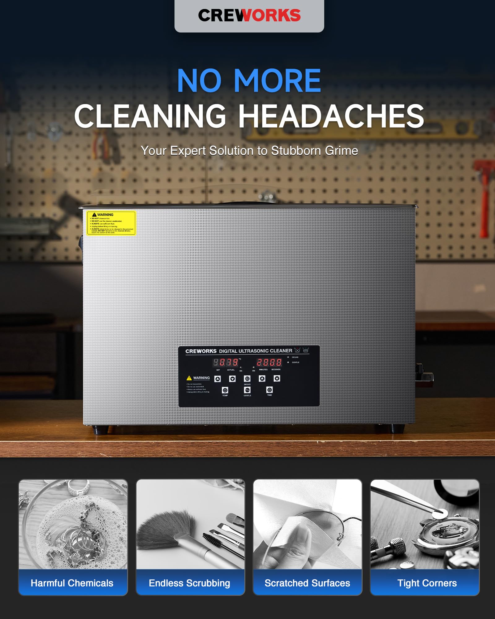 CREWORKS 6L Digital Ultrasonic Cleaner, 1.6 gal. Ultrasonic Cleaning Machine with Degas & Gentle Modes, 180W Professional Ultrasound Cleaner with 300W Heater and Timer for Glasses