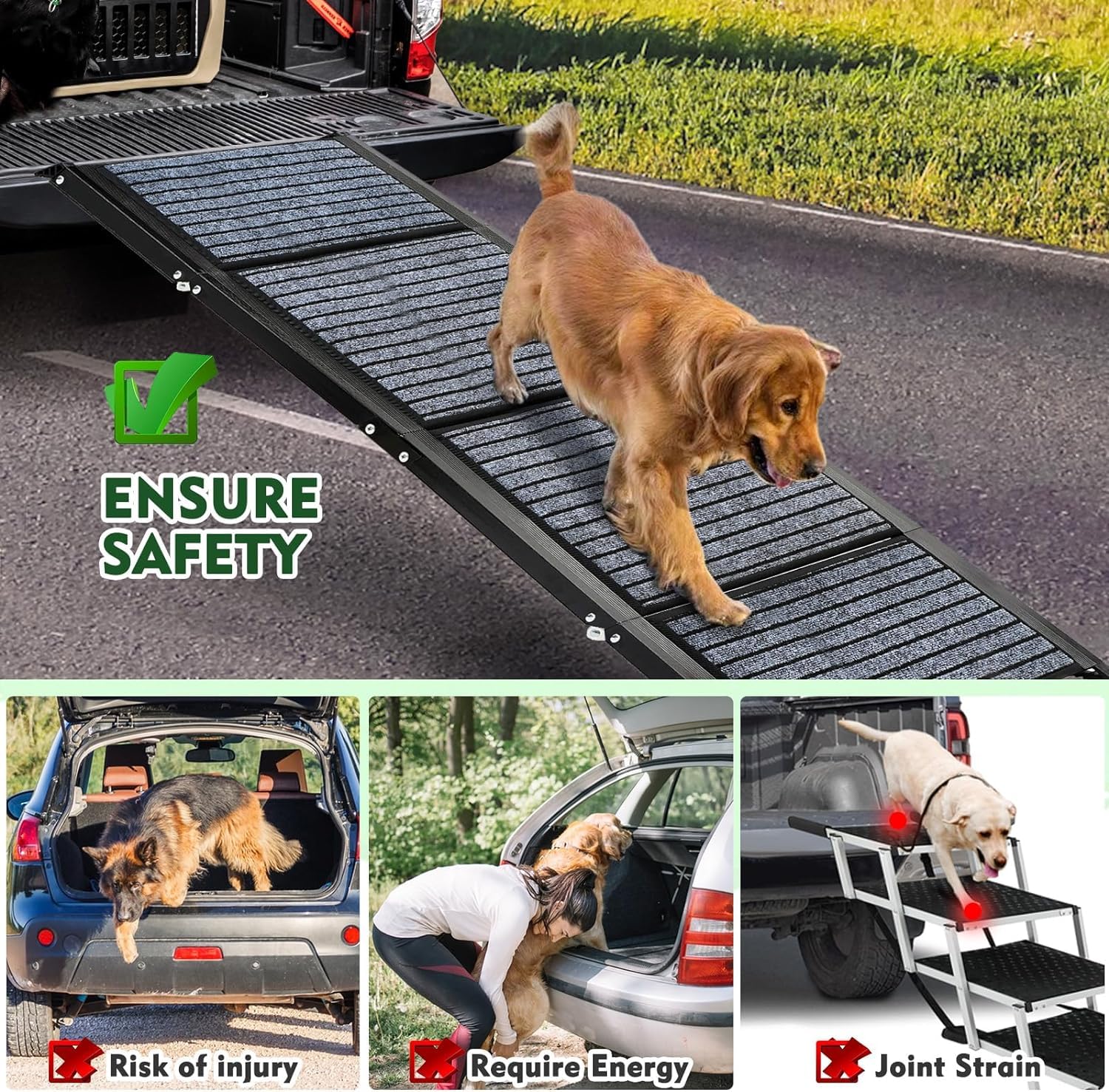 170cm Long Dog Ramp for Cars,43cm Wide Folding Dog Ramp for Large Dogs with High Traction Carpet Surface,Non-slip for Truck,SUV,Portable Pet Ramp Stairs for Medium Large Dog Up to 100kg