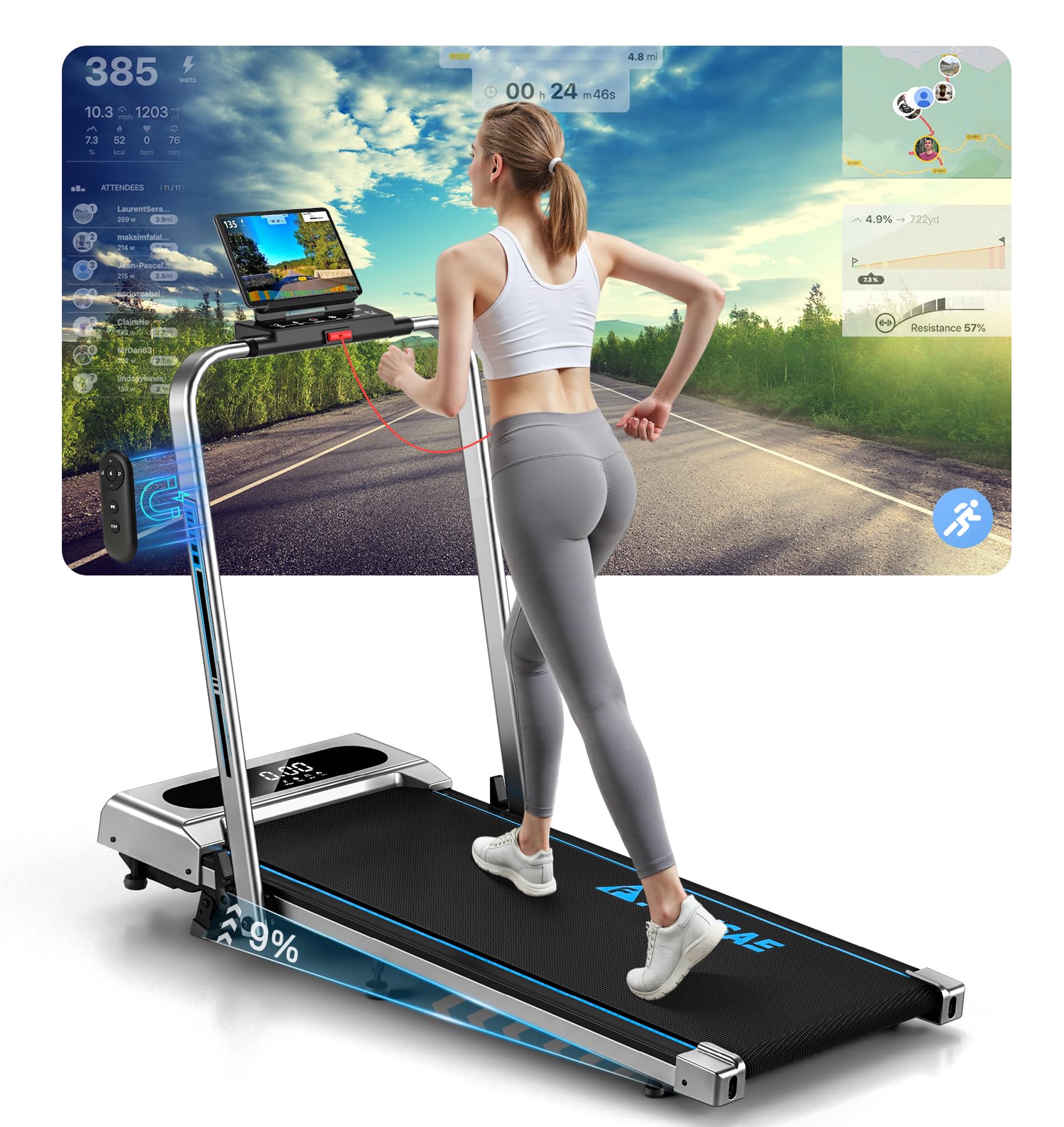 Treadmill, FOUSAE 5 in 1 Treadmills for Home Foldable with App Compatible, 12KM/H Under Desk Walking Pad with 9% Incline, 350 LB Weight Capacity, Magnetic Remote Control