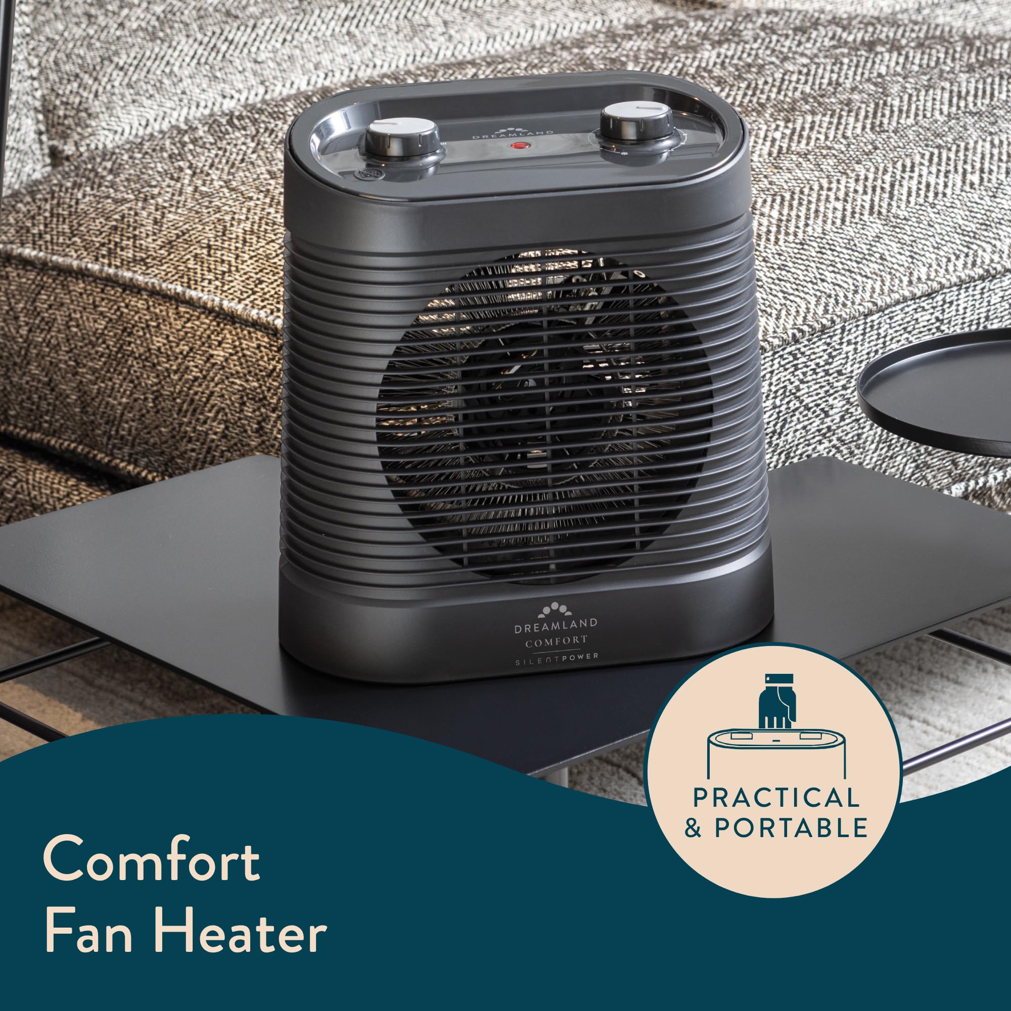 Dreamland Silent Power Pure Portable Fan Heater - Low Energy for Home Use, Quick Heat Up with 4 Heating Modes, Silent Space Heater, Energy Efficient Ionizer and Air-Purifying Heating Technology