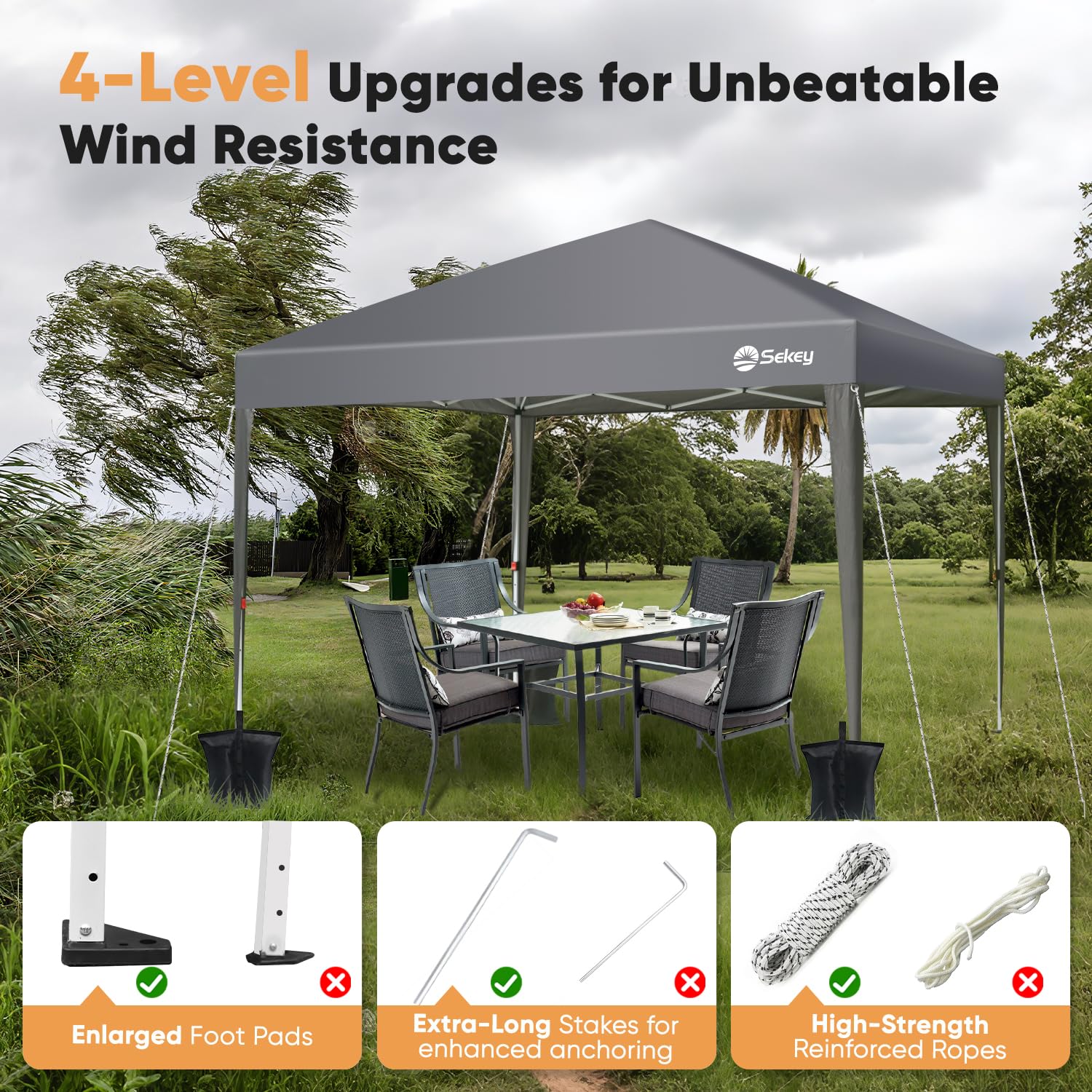 Sekey One-Touch Pop Up Gazebo with Sides 3m x 3m, Heavy Duty Gazebo with 4 Pack Gazebo Weights Bags, Instant Setup, Waterproof 1000mm (Grau, 3m x 3m without Sides)