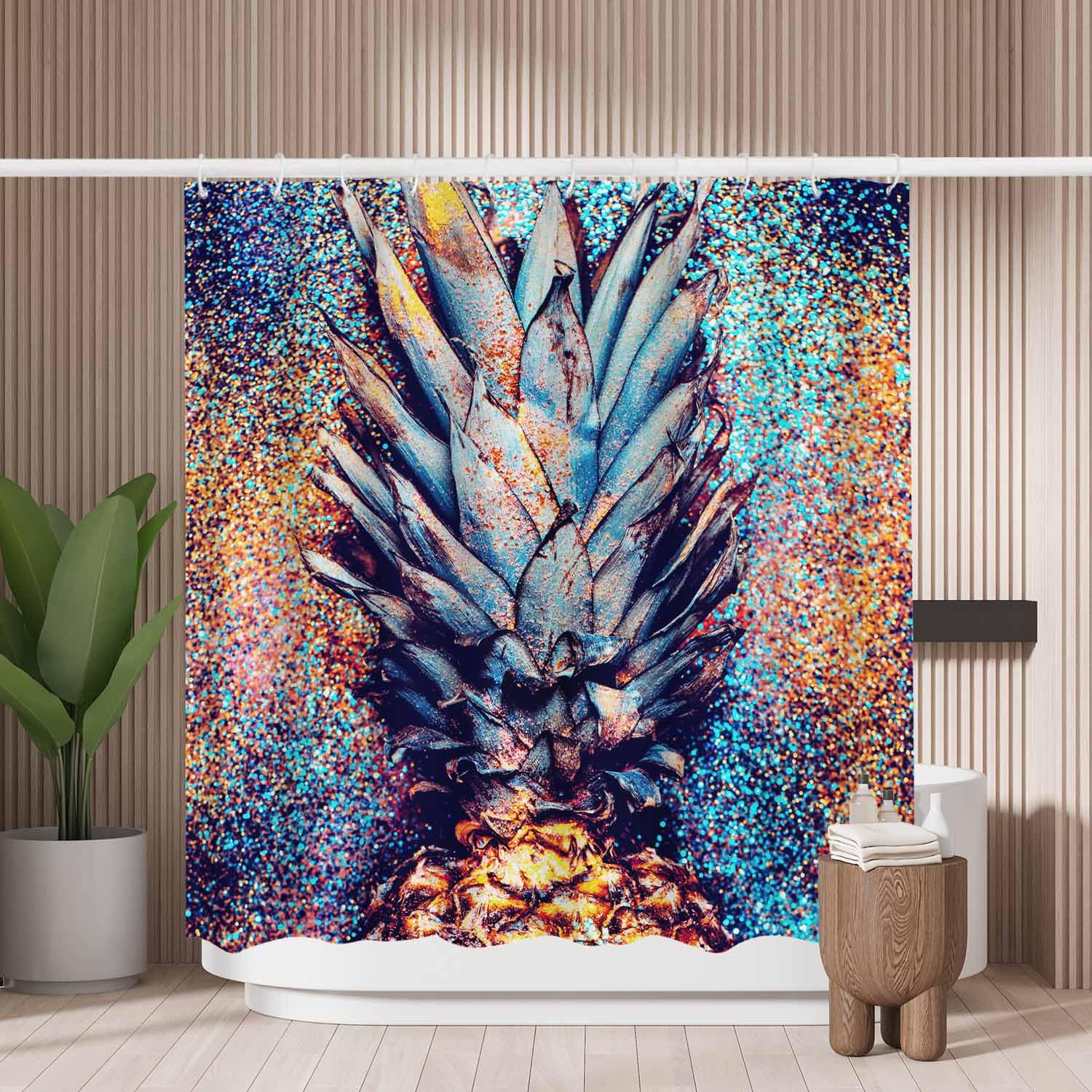 Woutay Shower Curtain Mould Proof Resistant Pineapple Shine Style,Water Repellant Fabric,Polyester,with 12 Plastic Hooks