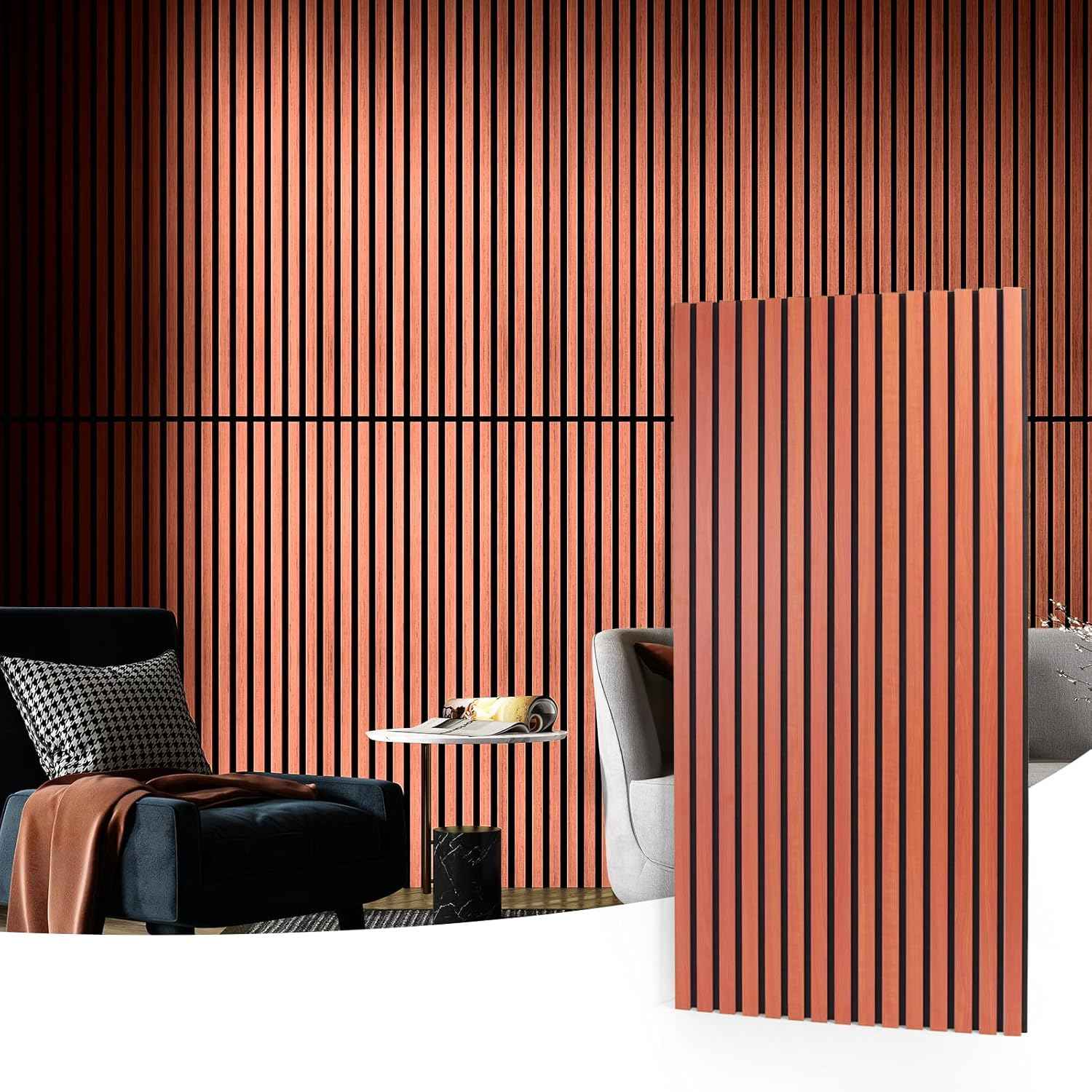 Acoustic Wood Slatted Wall Panels 2 Pack 60x120cm 3D Effect Cherry Finish Art3d
