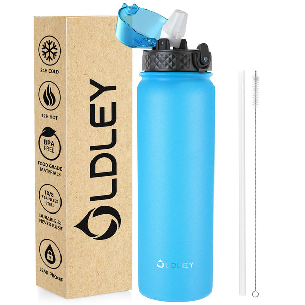 OLDLEY Stainless Steel Water Bottle with Straw 1L Vaccum Insulated Large Drink Flask Metal Water Bottles 1 Litre Leakproof Keep Drinks Hot Cold for Sports Gym with Different Lids(Purple Green, 3 Lids)