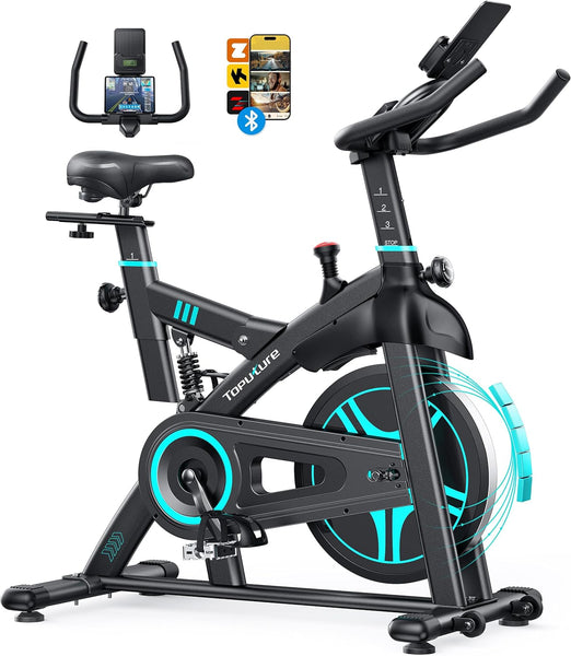 2025 Toputure Exercise Bike with APP, 0-100% Magnetic Resistance Spin Bike, 15kg Flywheel, Shock Absorption, LCD Display, Ultra-quiet Stationary Indoor Exercise Bikes for Home Gym Training