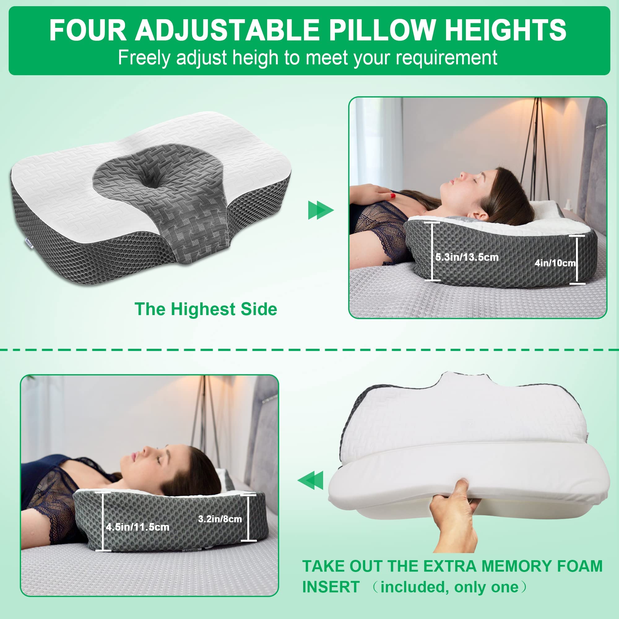 Elviros Cervical Memory Foam Neck Pillow for Side Sleeping, Orthopedic Pillows for Back and Stomach Sleepers, Adjustable Ergonomic Bed Pillow Pain
