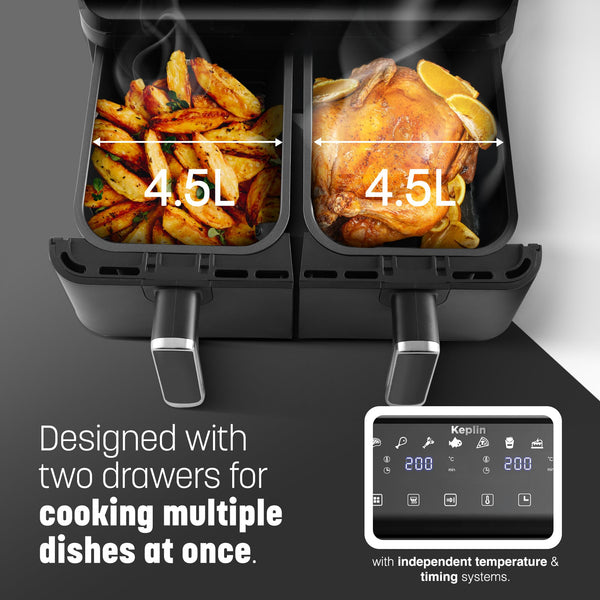 Essen by Keplin 9L Dual Zone Air Fryer - 2700W Energy-Saving Cooker with 6 Cooking Functions - Extra-Large Capacity for Healthy Meals - Roast, Bake, Dehydrate, Crisp - Family Size (9L)