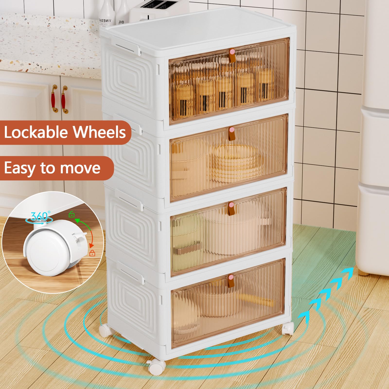 PurKeep Storage Boxes with Lid - 23L*4 Tier Plastic Storage Box with Lid, Stackable Storage Boxes with Wheels, Storage Drawers with Front Door,