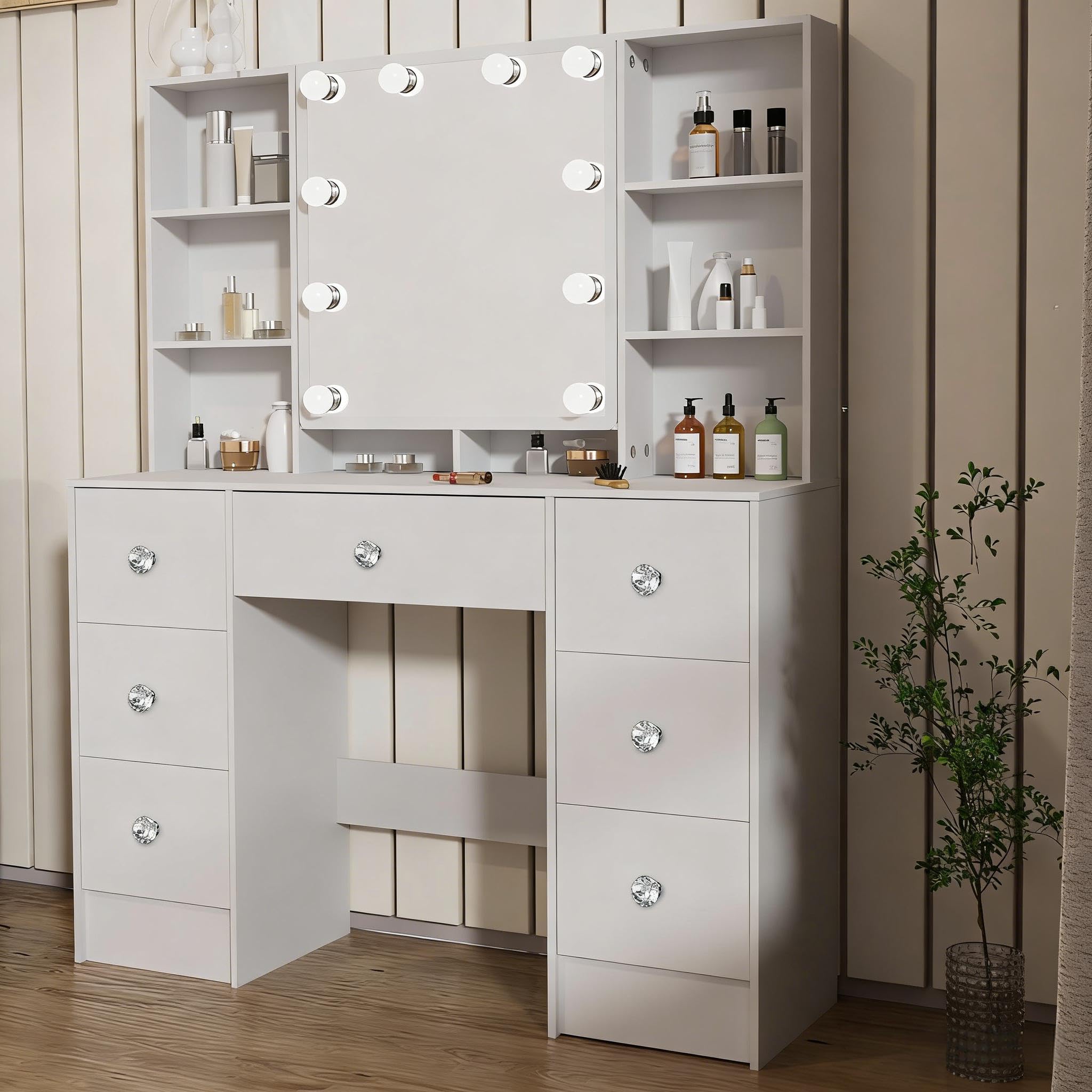 Umeiga Dressing Table, 100 cm Width Makeup Vanity Desk with 7 Large Drawers, Open Storage Shelves and Crystal Handle, 3 Model Adjustable Brightness