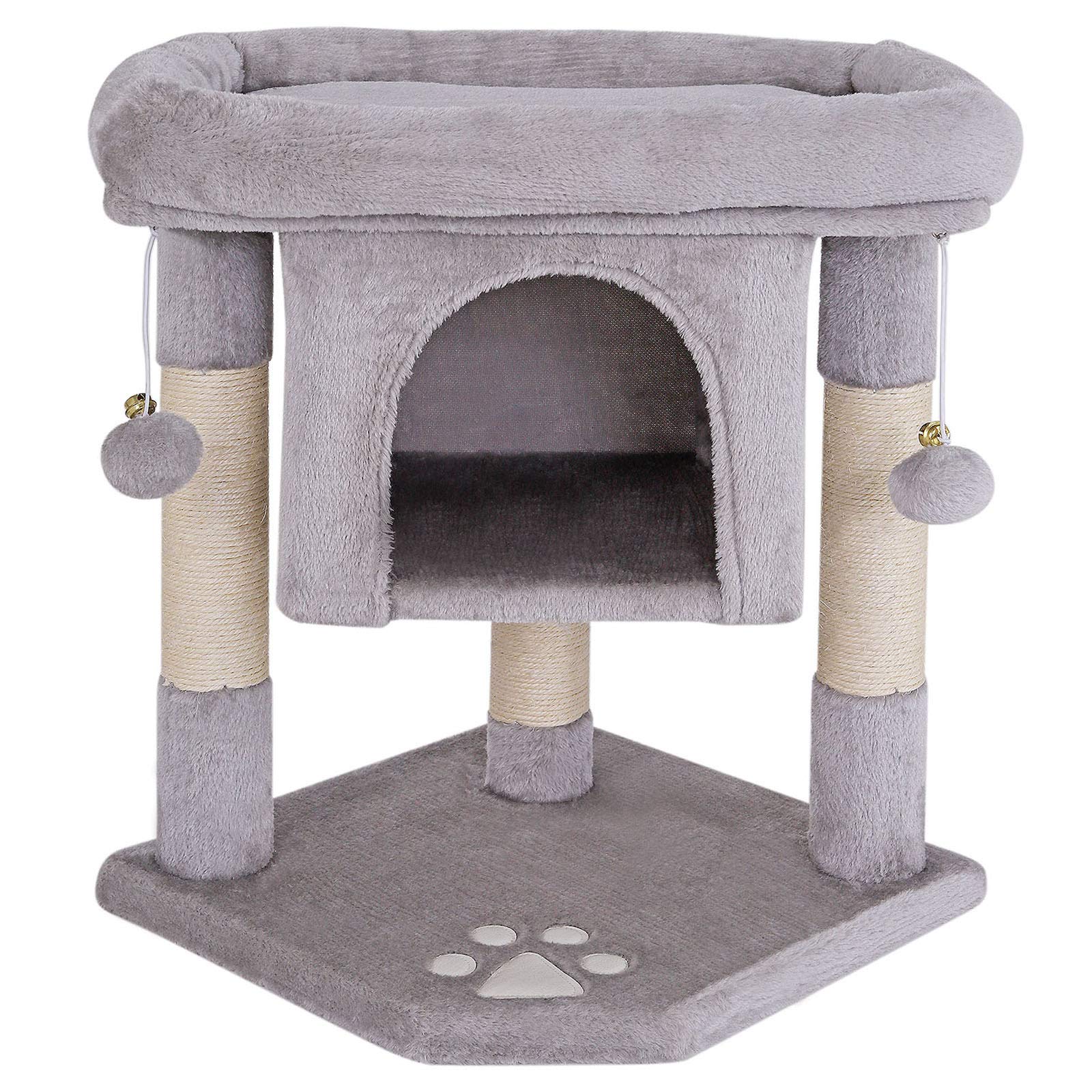 lionto Scratching tree for cats with cave & 2 plush balls incl. bells, height 60 cm, cat tree with robust sisal rope & soft plush, cozy lying surface,
