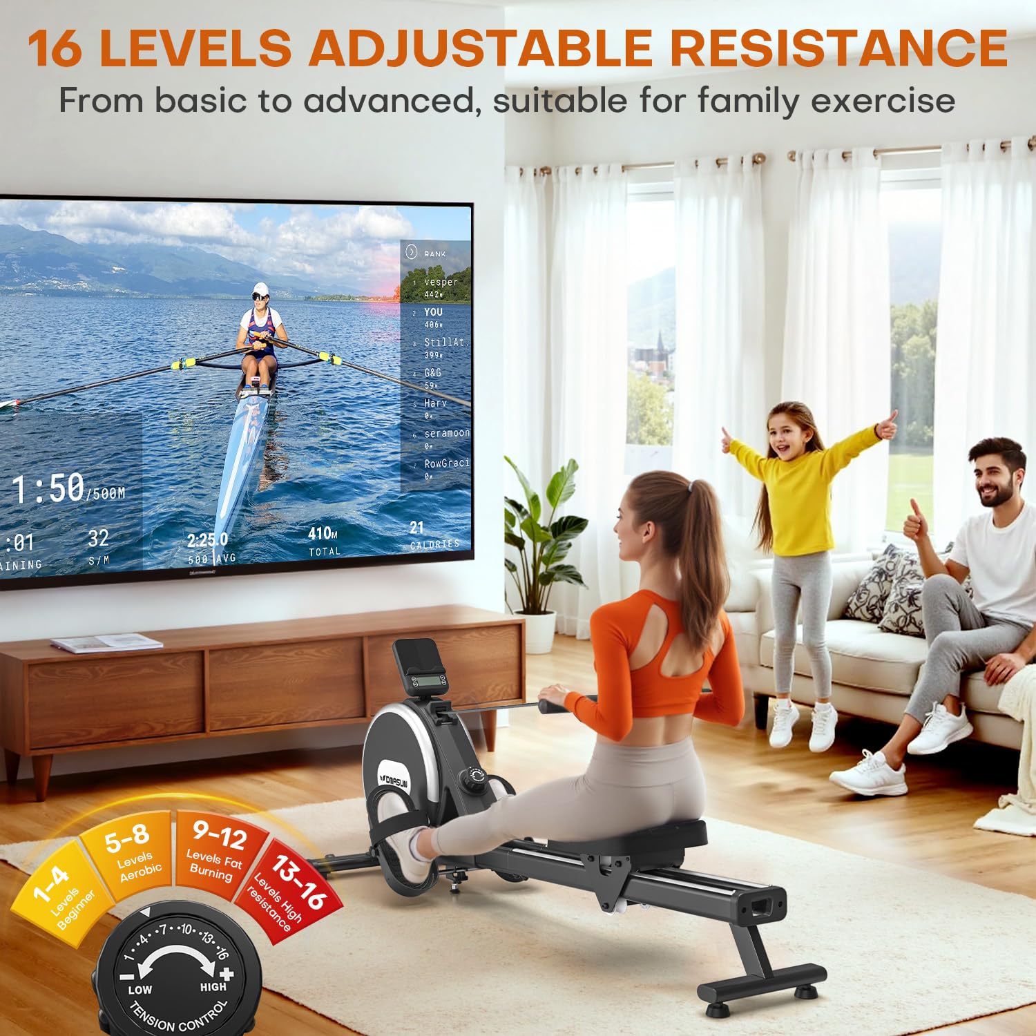 Rowing Machine, DMASUN Upgrade Magnetic Rowing Machines for Home Gym with 16 Levels Quiet Resistance - 350LB Capacity Rower Machine with App Compatible & Comfortable Seat