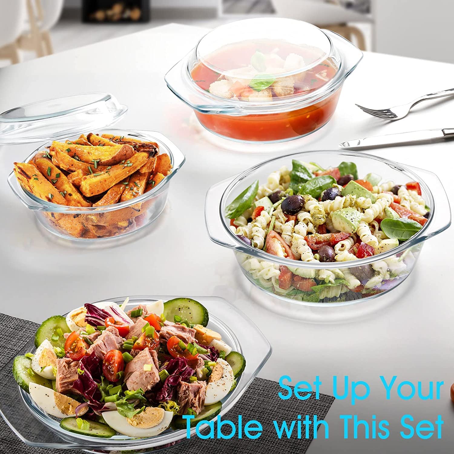 Set of 3 Small Casserole Dish with Lid, 0.65+1+1.4L, Round, Microwaveable, Oven Proof, Clear Covered Casserole Set
