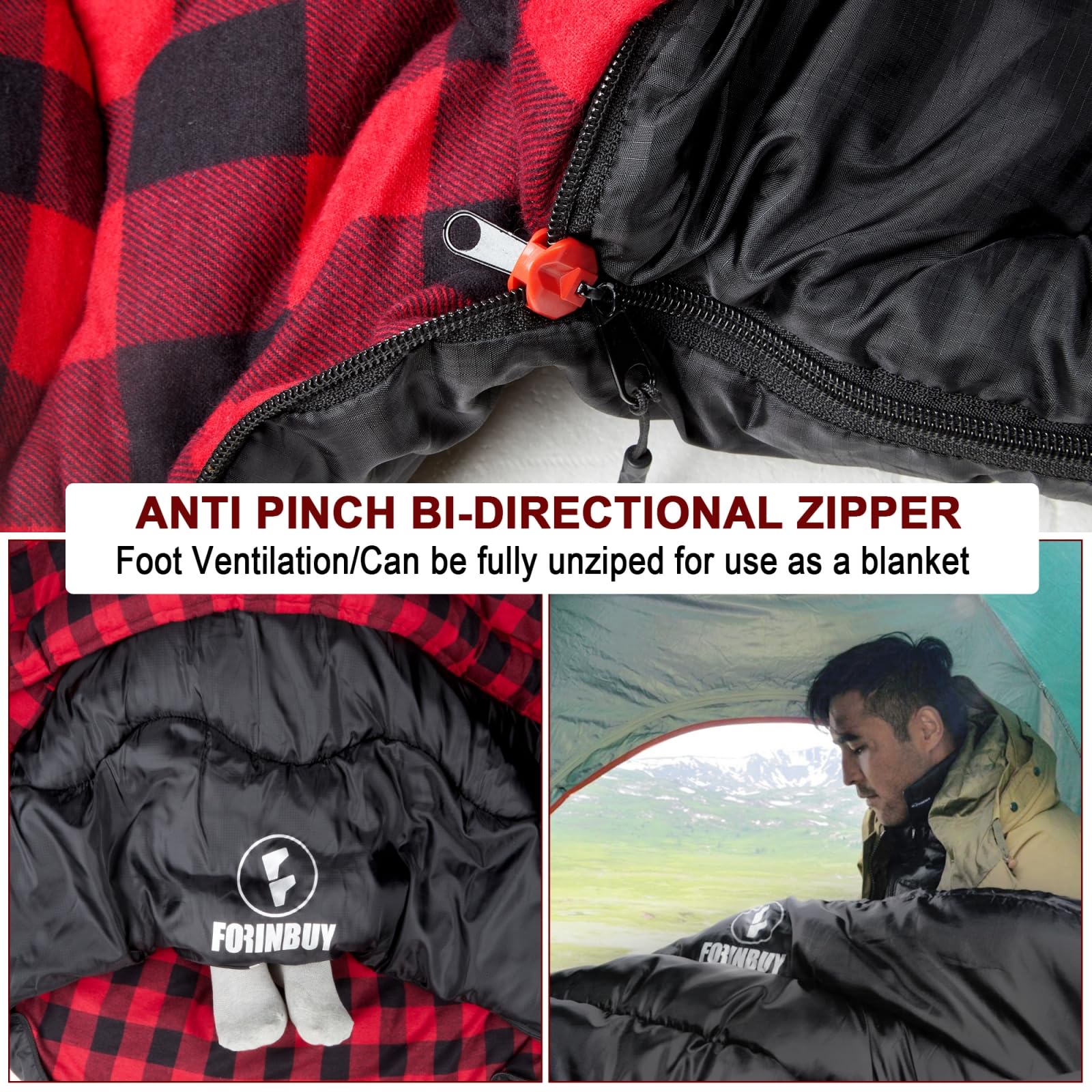 FORINBUY Winter Cotton Flannel Double Sleeping Bag for Adults - 0 degree Queen Size 2 Person Sleeping Bag, Waterproof & Warm for Cold Weather, Ideal for Couples, Family Camping & RV Travel