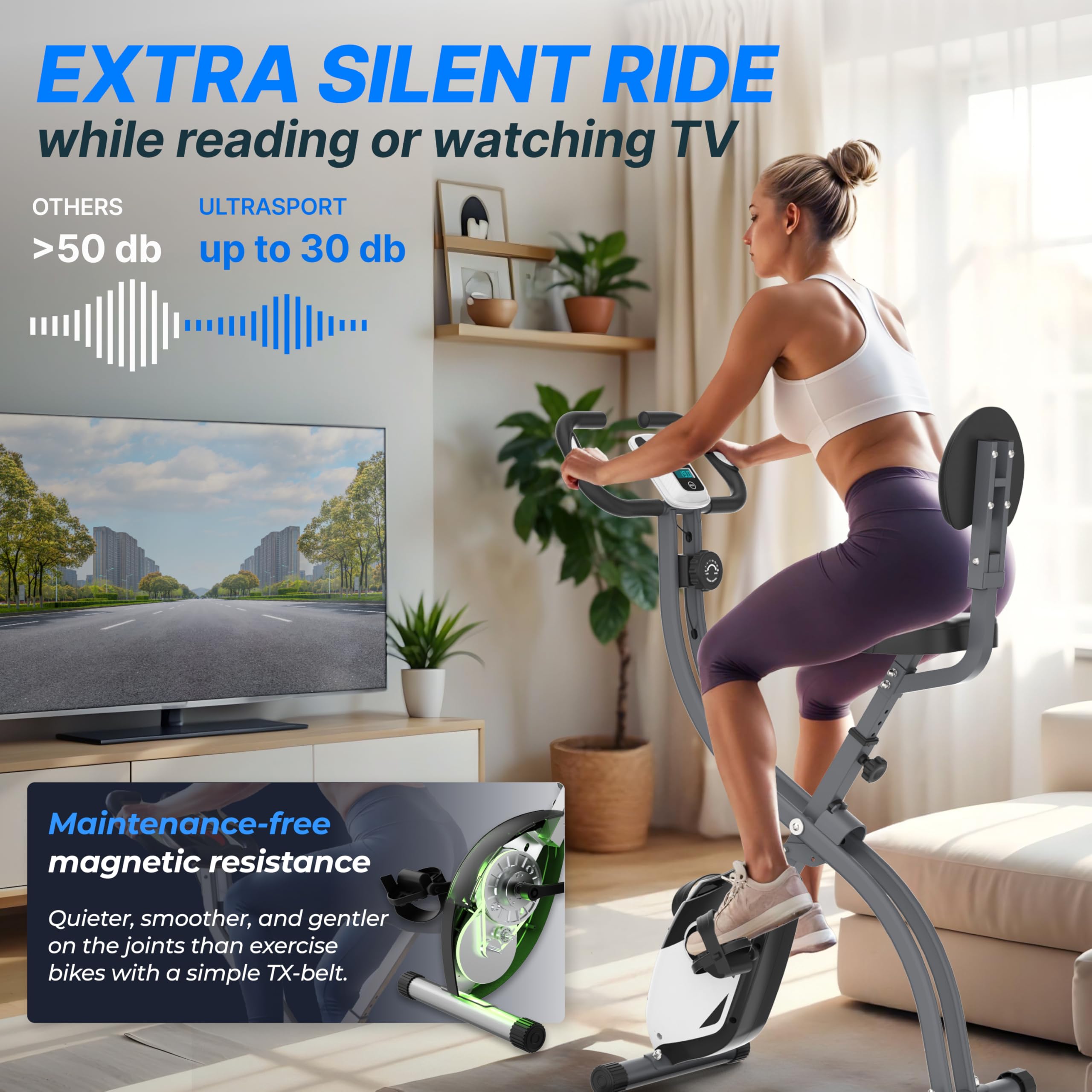 Ultrasport F-Bike Folding Exercise Bike 286 lbs Capacity, Extra Silent with Relax Foam Seat I Exercise Bikes for Home Use, Exercise Bike Foldable, Indoor Bike, Stationary Bike